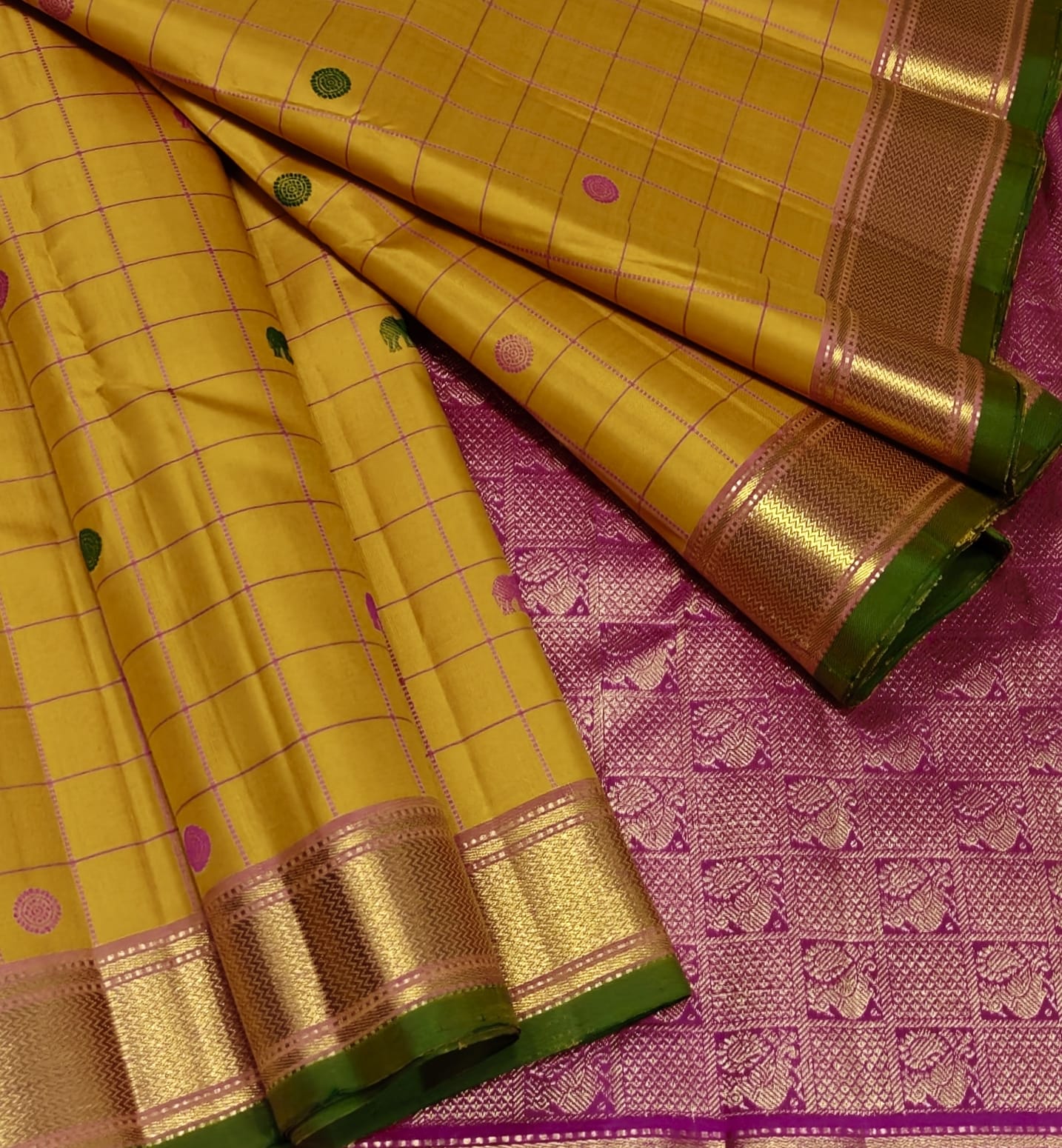 Mustard Yellow Checks Kanjivaram Silk Saree with Fuchsia Pink Border